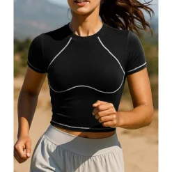 Women's Running Top Slim Short Sleeve Top Athleisure Cotton Breathable Quick Dry Lightweight Tennis Golf Running Sportswear Activewear Color Block Black White Light Grey