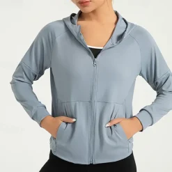 Women's Running T-Shirt Zipper Pocket Long Sleeve Hoodie Casual Athleisure Breathable Quick Dry Gym Workout Running Walking Sportswear Activewear Solid Colored Black Navy Blue Blue