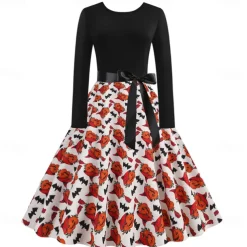 Women's 1950s Flare Dress Swing Dress Sugar Skull Pumpkin Adults' Cocktail Dress Retro Vintage Long Sleeves