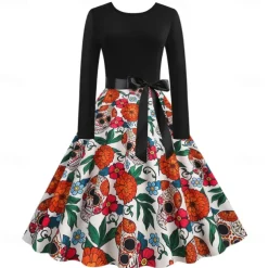Women's 1950s Flare Dress Swing Dress Sugar Skull Pumpkin Adults' Cocktail Dress Retro Vintage Long Sleeves