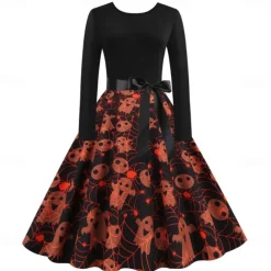 Women's 1950s Flare Dress Swing Dress Sugar Skull Pumpkin Adults' Cocktail Dress Retro Vintage Long Sleeves