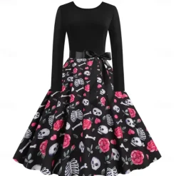 Women's 1950s Flare Dress Swing Dress Sugar Skull Pumpkin Adults' Cocktail Dress Retro Vintage Long Sleeves