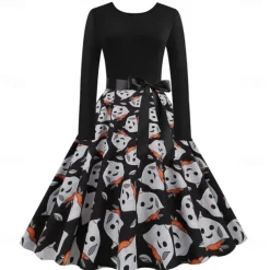 Women's 1950s Flare Dress Swing Dress Sugar Skull Pumpkin Adults' Cocktail Dress Retro Vintage Long Sleeves