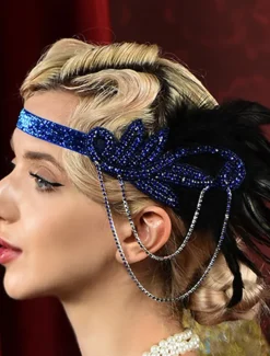Women's 1920s Gatsby Flapper Headband - Rhinestone Feather Hair Accessory with Chains for Retro Themed Parties and Roaring Twenties Events