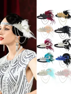 Women's 1920s Gatsby Flapper Headband - Rhinestone Feather Hair Accessory with Chains for Retro Themed Parties and Roaring Twenties Events
