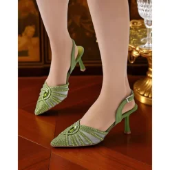 Women's 1920s Gatsby-Inspired Green Rhinestone High Heels – Art Deco Mesh Slingback Party Shoes for Cocktail or Retro Events