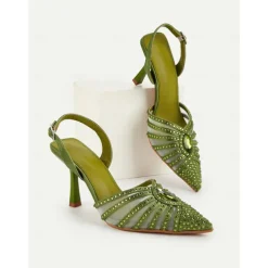 Women's 1920s Gatsby-Inspired Green Rhinestone High Heels – Art Deco Mesh Slingback Party Shoes for Cocktail or Retro Events