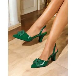 Women's 1920s Gatsby-Inspired Green Rhinestone High Heels – Art Deco Mesh Slingback Party Shoes for Cocktail or Retro Events
