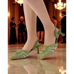Women's 1920s Gatsby-Inspired Green Rhinestone High Heels – Art Deco Mesh Slingback Party Shoes for Cocktail or Retro Events