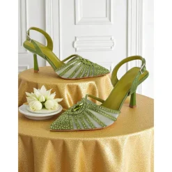 Women's 1920s Gatsby-Inspired Green Rhinestone High Heels – Art Deco Mesh Slingback Party Shoes for Cocktail or Retro Events