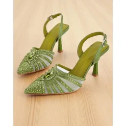 Women's 1920s Gatsby-Inspired Green Rhinestone High Heels – Art Deco Mesh Slingback Party Shoes for Cocktail or Retro Events
