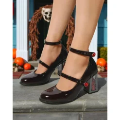 Women's 1980s Gothic Mary Jane Heels - Black Patent Double Strap Shoes with Skull Block Heels for Halloween, Cosplay, and Retro Horror Parties