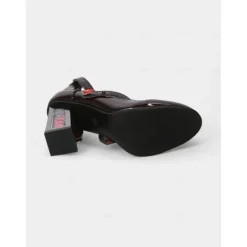 Women's 1980s Gothic Mary Jane Heels - Black Patent Double Strap Shoes with Skull Block Heels for Halloween, Cosplay, and Retro Horror Parties