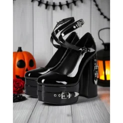 Women's 1980s Gothic Platform High Heels – Black Patent Leather Chunky Mary Janes with Spikes and Buckle Details for Halloween, Parties, and Night Out