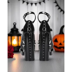 Women's 1980s Gothic Platform High Heels – Black Patent Leather Chunky Mary Janes with Spikes and Buckle Details for Halloween, Parties, and Night Out
