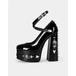 Women's 1980s Gothic Platform High Heels – Black Patent Leather Chunky Mary Janes with Spikes and Buckle Details for Halloween, Parties, and Night Out