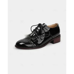 Women's 1950s Green Patent Leather Oxford Shoes – Retro Lace-Up Brogues with Fringe Detail for Spring Outfits or Garden Parties