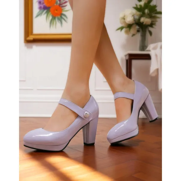 Women's 1950s Lilac Mary Jane Pumps - Glossy Chunky Heel Dress Shoes with Adjustable Strap for Retro-Inspired Outfits, Tea Parties, and Office Wear