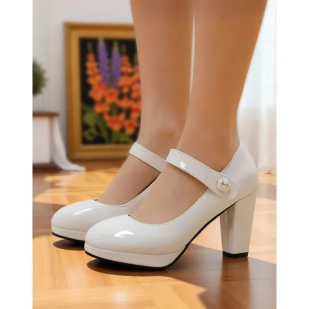 Women's 1950s Lilac Mary Jane Pumps - Glossy Chunky Heel Dress Shoes with Adjustable Strap for Retro-Inspired Outfits, Tea Parties, and Office Wear