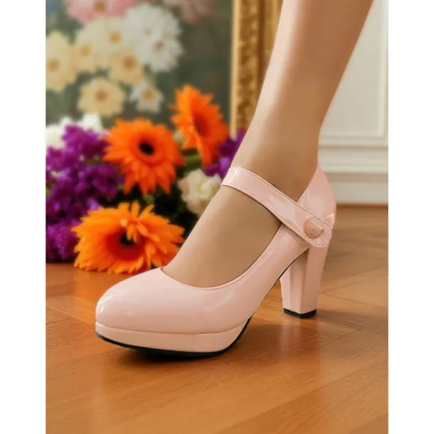 Women's 1950s Lilac Mary Jane Pumps - Glossy Chunky Heel Dress Shoes with Adjustable Strap for Retro-Inspired Outfits, Tea Parties, and Office Wear