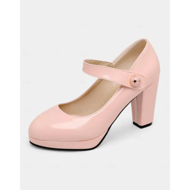 Women's 1950s Lilac Mary Jane Pumps - Glossy Chunky Heel Dress Shoes with Adjustable Strap for Retro-Inspired Outfits, Tea Parties, and Office Wear