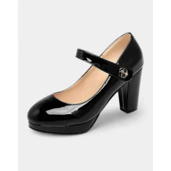 Women's 1950s Lilac Mary Jane Pumps - Glossy Chunky Heel Dress Shoes with Adjustable Strap for Retro-Inspired Outfits, Tea Parties, and Office Wear