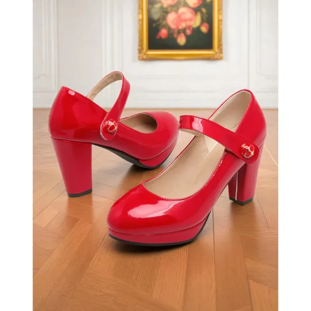 Women's 1950s Lilac Mary Jane Pumps - Glossy Chunky Heel Dress Shoes with Adjustable Strap for Retro-Inspired Outfits, Tea Parties, and Office Wear