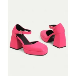 Women's 1980s Pink Platform Heels with Square Toe and Ankle Strap – Bold and Stylish Footwear for Parties, Night Outs, and Trendy Events