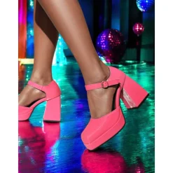 Women's 1980s Pink Platform Heels with Square Toe and Ankle Strap – Bold and Stylish Footwear for Parties, Night Outs, and Trendy Events