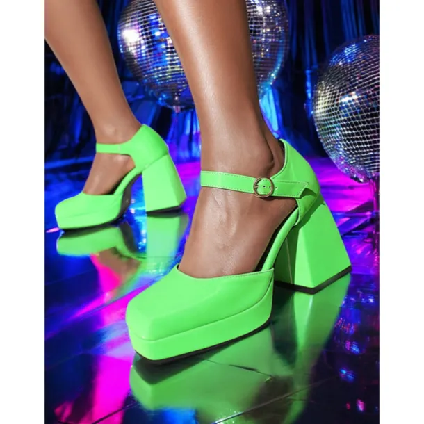 Women's 1980s Pink Platform Heels with Square Toe and Ankle Strap – Bold and Stylish Footwear for Parties, Night Outs, and Trendy Events