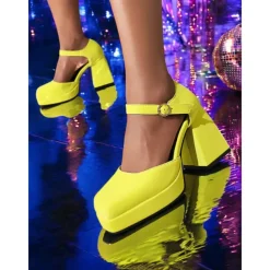 Women's 1980s Pink Platform Heels with Square Toe and Ankle Strap – Bold and Stylish Footwear for Parties, Night Outs, and Trendy Events