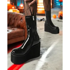 Women's 1980s Red Patent Platform Wedge Go-Go Boots – Retro Shiny Ankle Boots for Parties, Stage Shows, and Halloween Costumes