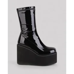 Women's 1980s Red Patent Platform Wedge Go-Go Boots – Retro Shiny Ankle Boots for Parties, Stage Shows, and Halloween Costumes