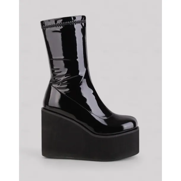 Women's 1980s Red Patent Platform Wedge Go-Go Boots – Retro Shiny Ankle Boots for Parties, Stage Shows, and Halloween Costumes