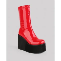 Women's 1980s Red Patent Platform Wedge Go-Go Boots – Retro Shiny Ankle Boots for Parties, Stage Shows, and Halloween Costumes