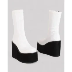 Women's 1980s Red Patent Platform Wedge Go-Go Boots – Retro Shiny Ankle Boots for Parties, Stage Shows, and Halloween Costumes