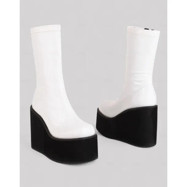 Women's 1980s Red Patent Platform Wedge Go-Go Boots – Retro Shiny Ankle Boots for Parties, Stage Shows, and Halloween Costumes