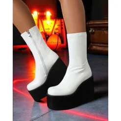 Women's 1980s Red Patent Platform Wedge Go-Go Boots – Retro Shiny Ankle Boots for Parties, Stage Shows, and Halloween Costumes