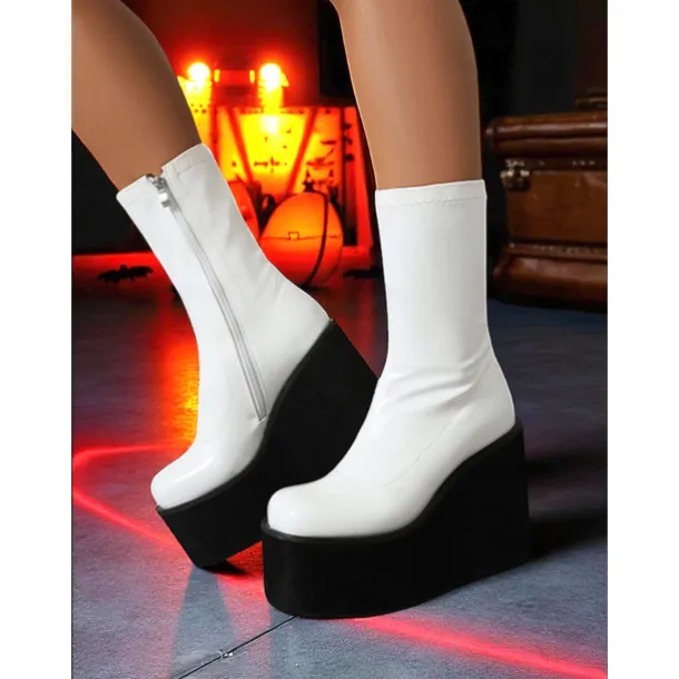 Women's 1980s Red Patent Platform Wedge Go-Go Boots – Retro Shiny Ankle Boots for Parties, Stage Shows, and Halloween Costumes