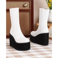 Women's 1980s Red Patent Platform Wedge Go-Go Boots – Retro Shiny Ankle Boots for Parties, Stage Shows, and Halloween Costumes