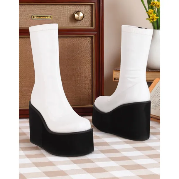 Women's 1980s Red Patent Platform Wedge Go-Go Boots – Retro Shiny Ankle Boots for Parties, Stage Shows, and Halloween Costumes