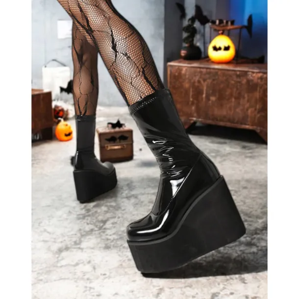 Women's 1980s Red Patent Platform Wedge Go-Go Boots – Retro Shiny Ankle Boots for Parties, Stage Shows, and Halloween Costumes