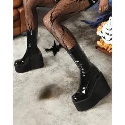 Women's 1980s Red Patent Platform Wedge Go-Go Boots – Retro Shiny Ankle Boots for Parties, Stage Shows, and Halloween Costumes