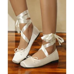 Women's 1930s Retro Style Satin Ballet Flats with Ribbon Ankle Straps – Elegant Vintage Wedding Shoes for Brides and Dancers