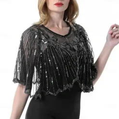 Women's 1920s Shawl Wraps Beaded Sequin Gatsby Cape Evening Bolero Flapper Cover Up Roaring 20s The Great Gatsby Party Evening