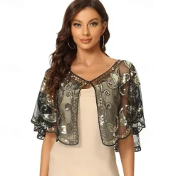 Women's 1920s Shawl Wraps Sequin Beaded Bridal Cover Up Evening Cape Flapper Bolero