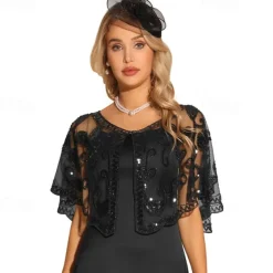 Women's 1920s Shawl Wraps Sequin Beaded Bridal Cover Up Evening Cape Flapper Bolero