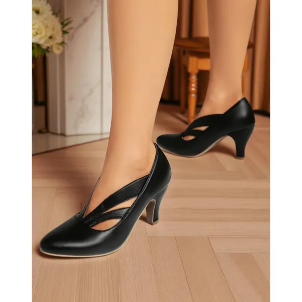 Women's 1930s Vintage Cutout Mid Heel Pumps – Retro Faux Leather Shoes for Swing Dance, Tea Parties & Pin-Up Fashion