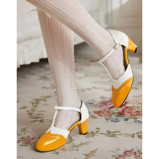Women's 1950s Vintage T-Strap Mary Jane Heels – Two-Tone Brogue Low Heel Shoes for Retro Parties, Office Wear, and Special Occasions