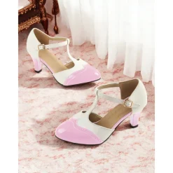 Women's 1950s Vintage T-Strap Mary Jane Heels – Two-Tone Brogue Low Heel Shoes for Retro Parties, Office Wear, and Special Occasions